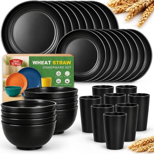 Teivio 32-Piece Kitchen Plastic Wheat Straw Dinnerware Set, ...