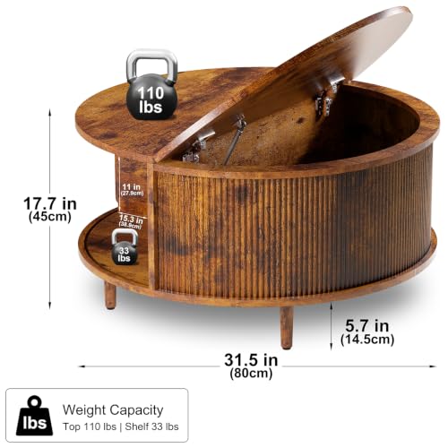 Image of Round Coffee Table, 31.5 inch Fluted Center Table with Storage, Lift-Top Coffee Table with Adjustable Footpads, Sliding Door, Mid-Century Modern Center Table for Living Room, Small Space (Brown)