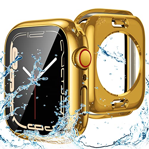 Goton 2 in 1 Waterproof Case for Apple Watch Series 9 8 7 45mm Screen Protector, 360 Protective Glass Face Cover Hard PC Bumper + Back Frame for iWatch 9/8/7 Accessories 45 mm, Gold