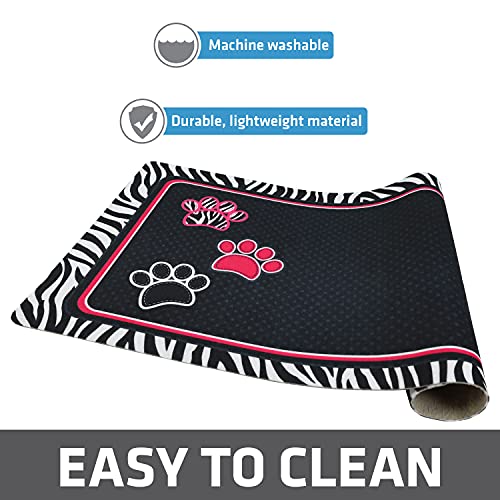 Drymate Pet Bowl Placemat, Dog & Cat Food Feeding Mat - Absorbent Fabric, Waterproof Backing, Slip-Resistant - Machine Washable/Durable (Usa Made) (12” X 20”) (Zebra/Paws Black) #TOP3