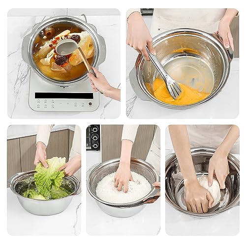 304 Stainless Steel Microporous Colander with Handle, Rice Washers Microporous Strainer Set For washing vegetables, fruits and rice, and draining cooked pasta(2QT with handle-Gold)