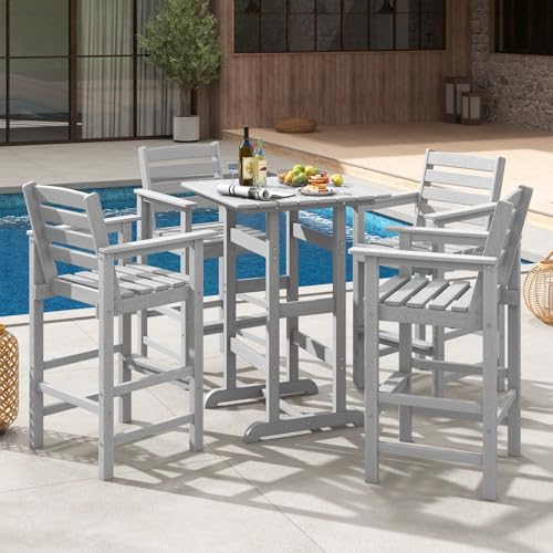 Image of Giantex 42 inch Height Outdoor Tall Bar Table, HDPE Square Pub Tables with Wood Grains, High Top, Cocktail Bistro Table for Adirondack Chairs, Patio, Garden, Poolside, Yard, Balcony, Grey