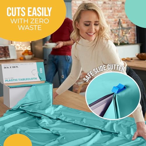 Image of Party Solids 54 Inch X 100 Feet Aqua Plastic Table Cover Roll in A Cut - to - Size Box with Convenient Slide Cutter. Cuts Up to 12 Rectangle 8 Feet Plastic Disposable Tablecloths