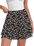 Caracilia Skorts for Women Boho Casual Beach Mini Skirts Summer Floral Ruffle Chiffon Flowy Shorts 2026 Trendy Outfits Black Beige Floral Medium