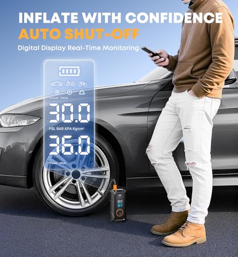 Image of Tire Inflator Portable Air Compressor, Cordless & 12V DC Air Inflator for Car Bikes MotorcycleTires Balls with Auto Shut-Off, Digital Pressure Gauge, Compact Emergency Pump