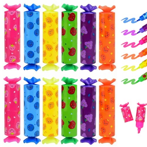 YIPFEN Set de 12 Mini-Marcadores, Incluye marcadores Fiestas Escolares, Divertidos artículos de papelería, Forma de Caramelos (6 Colores)