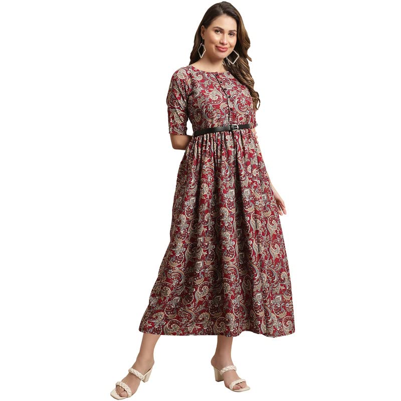 Preneum Girls's Georgette Floral Printed 3/4 Slevees A-Line Fit & Flare Gown With Belt, Red, Xl
