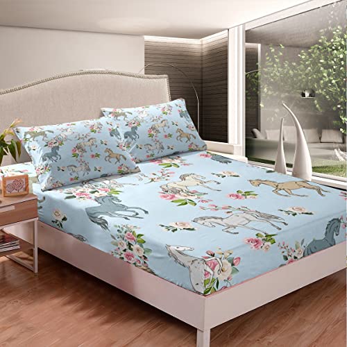 Erosebridal JCXS12182XXY-CLB_USF Horse Sheet Set Full Size, Farmhouse Western Cowboy Cowgirls Bed Sheets For Kids Boys Girls Teens, Cartoon Kawaii Horse Bedding Set, Rustic Rose Floral Fitted Sheet + Flat Sheet + 2 Pillow Cases thumb #2