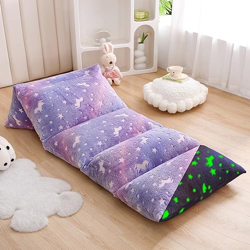 Mengersi Velvet Floor Pillows,Unicorn Glow in The Dark Pillow Bed Floor Lounger Cover for Kids Girls Boys,Mattress Floor Bed Sleeping Mat for Girls Teen Toddler,Requires 5 Pillows(Queen,Purple)