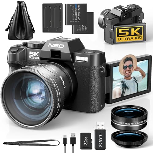 NBD 5K Digitalkamera 64MP mit Autofokus & 16X Zoom, 3' 180° klappbarem Display, WiFi – Inkl. Weitwinkel/Makro-Linse + 2 Akkus + 64GB Karte (Schwarz)