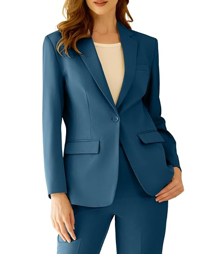 Women's Professional Suit 2 Piece Slim Fit Outfit Business Office Work Tuxedo Blazer Pants Suits - Dark Blue - 2