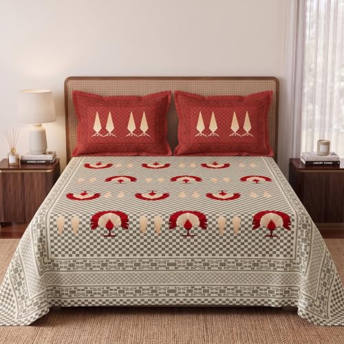 Image of BSB HOME 240 TC Cotton Feel Double Bedsheet with 2 Pillow Covers, Premium Soft Breathable Bed Sheet Set, Fade Resistant, All-Season, Easy Care, 90 x 100 Inches (228 x 254 cm) - Taupe & Crimson Red