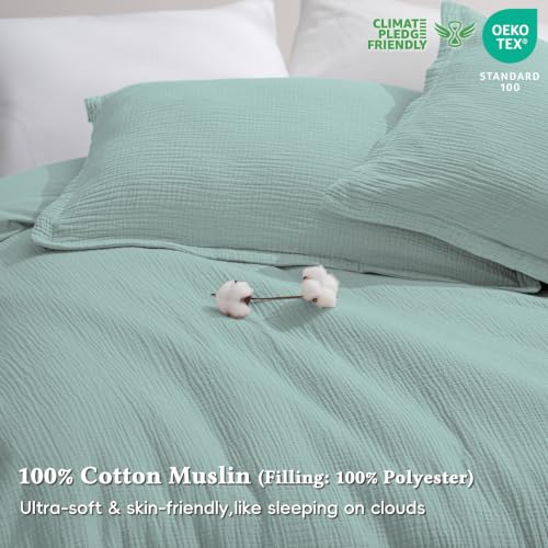 Image of David's Home Cotton Muslin Comforter Set Twin Size, 100% Cotton Cover Ultra-Soft Breathable Skin-Friendly for Spring Summer, 2PCS Linen Like Gauze Bedding Set with Polyester Filling, Teal Blue