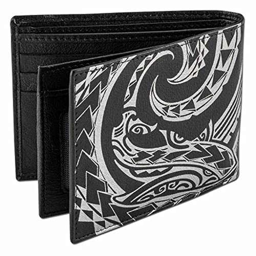 Hawaiian Shark Tattoo Flip ID Billfold Wallet for Men, Genuine Leather, "Mano" Tattoo art by Kuaika Quenga (Black) from NAKOA3