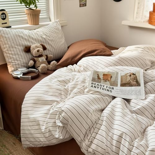 Image of Striped Duvet Cover Full Size Brown Blue Stripes Bedding Set Tan Vintage Striped Geometric Duvet Cover Set Soft Lightweight Microfiber Quilt Cover with Zipper Closure and 2 Pillowcases