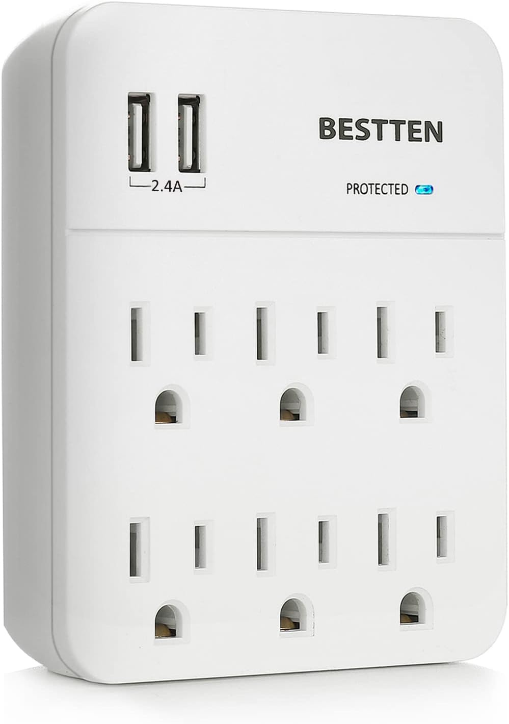 BESTTEN 6-Outlet Wall Mount Surge Protector, 2.4A Dual USB Charging Ports, 15A/125V/1875W, ETL Listed