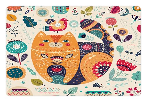 Ambesonne Pet Mat for Food and Water, Rectangle Non-Slip Rubber Mat for Dogs and Cats, Little Smiling Cheek Cat Animal with Various Oriental Leaf Flower Artwork, Multicolor