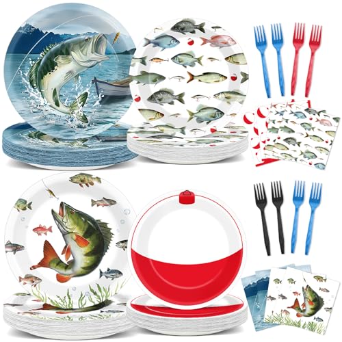96Pcs Gone Fishing Party Decorations Fishing Themed Fish Bobber Paper Plates and Napkins Sets Tablewares Dinnerwares for Little Fisherman Birthday Baby Shower Party Favor Supplies 24 Guest