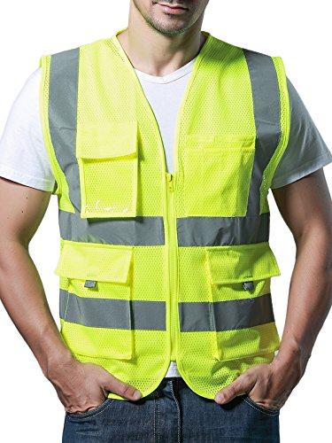 Preisvergleich Produktbild Camilife Unisex Mehrfunktional Hohe Sichtbarkeit Netz Warnwesten Multi-Tasche Reflektierende Westen Atmungsaktiv - Fluoreszenz Grün Größe M