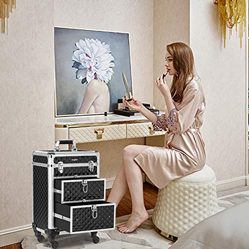 mefeir Aluminum Rolling Makeup Train Case, Portable Makeup Organizer Suitcase, Cosmetic Storage Box, Travel Beauty Luggage Trolley Lockable w/4 Removable Wheels & 2 Sliding Drawers (Black) - Thumbnail 2