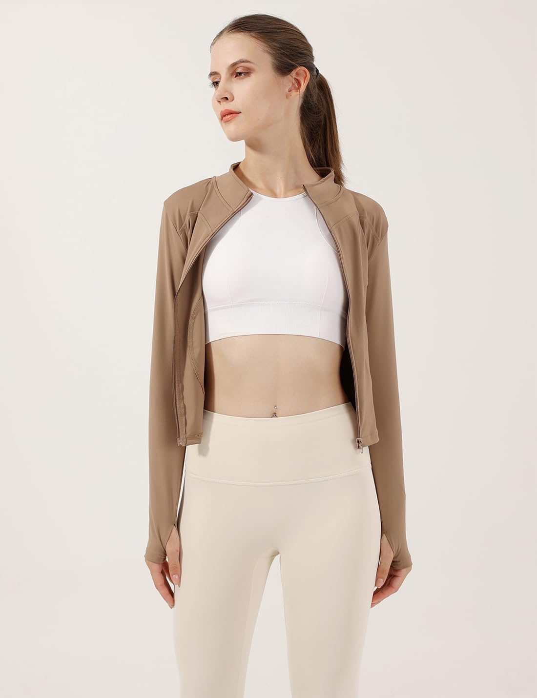 Gacaky Giacca da corsa da donna, aderente, leggera, con zip intera, elasticizzata, con fori per i pollici