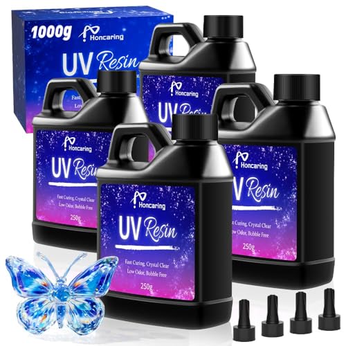 Honcaring UV Resin 1000g Hard Type Clear Beginner-Friendly Kit Upgraded Formula & Crystal Clear for Jewlery Making Art Craft 250g*4 Resin UV Kit for Earring Pendant DIY