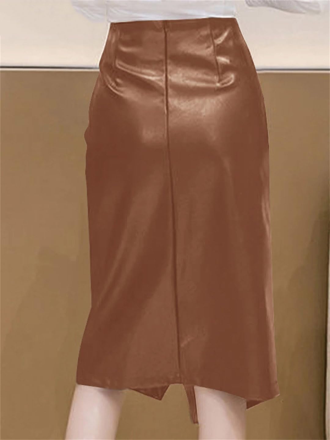 Suwequest Women Pu Leather Skirt High Waist Long Autumn Irregular Hem Slimming Midi Skirts