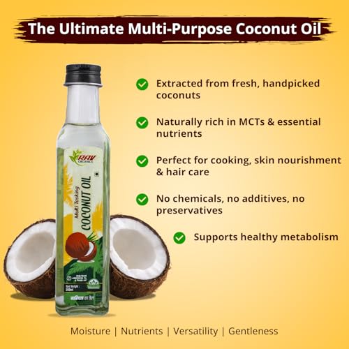 Image of Rav Organics Virgin Coconut Oil 250 ml | 100% Pure Wood Cold-Pressed, Unrefined & Edible | For Cooking, Hair, Skin & Baby Care,Oil Pulling | Nariyal Tel /Gari ka Tel for Hair | Free From Argemone Oil & Trans Fat