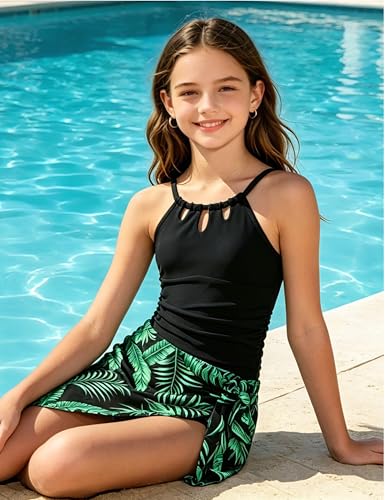 Image of KANGKANG Girls Swimsuit Quick Dry Cut Out One Piece Swimsuits with Tropical Print Cover Up Skirt Bathing Suit Swimwear 7-18Y