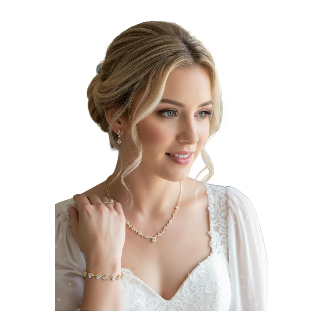ONDEGO® Gold 3er Strass Schmuckset – Halskette, Ohrringe & Armband – Brautschmuck für Hochzeit, Abiball, Kommunion, Ball, Festlicher Schmuck