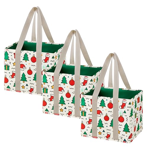 VENO 3 Pack Reusable Grocery Bags Shopping Bags for Groceries Tote with Handles and Hard Bottom Foldable Shopping Cart Organizer Water Resistant Heavy-Duty (Jingle Mix 6 Gallon)