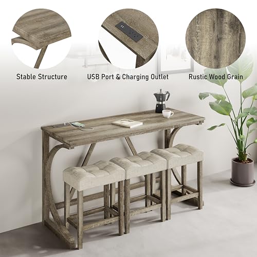 4-Piece Counter High Bar Table Set with Socket and 3 Fabric Padded Bar Stools, Tall Kitchen Breakfast Nook with Stool (1+3 Natural) - Image 5