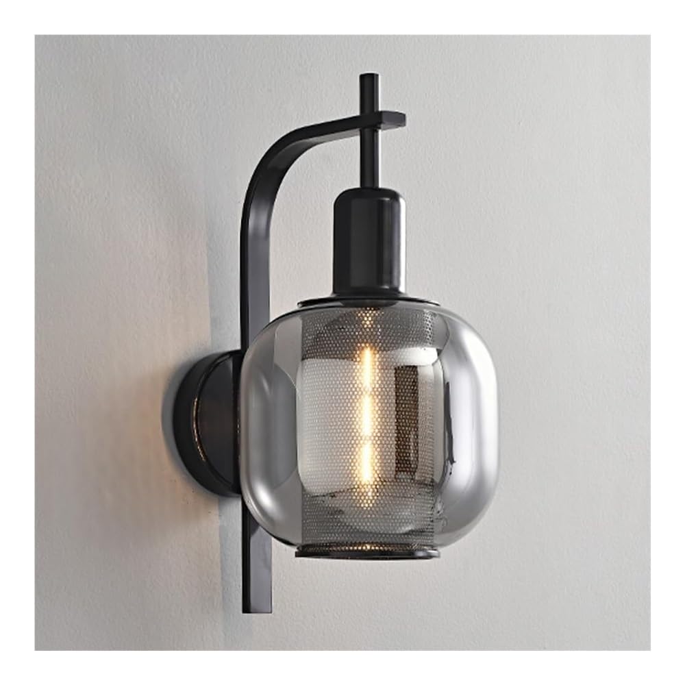 SMCCYYSD Indoor Bedroom Wall Lamp Metal Vintage Sconce Glass Lampshade Lantern for Bedside Living Room Study Corridor Entryway Restaurant Mounted Lamp(Black,15cm)