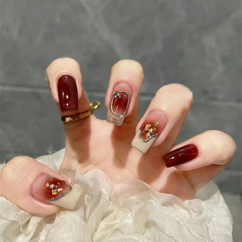 Generic Long Press on Nails 24PCS Red Press Fake Nails with Glue Artificial Stick on Nails Full Cover Nails Tips for Women and Girls (White Edge)