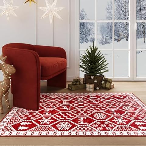 Seavish Christmas Rugs 3x5 Small Red Rug for Living Room Low Pile Entryway Rug Farmhouse Washable Kitchen Rugs Xmas Home Decor Soft Accent Throw Rug for Bedroom Playroom Home Office Entrance Cover