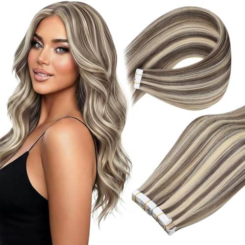 Image of Ve Sunny Hair Tape in Extensions Light Brown Highlight Blonde 22Inch Long | Silky Straight Tape ins,50g 20Pcs,Easy to Maintain,for Prom Party