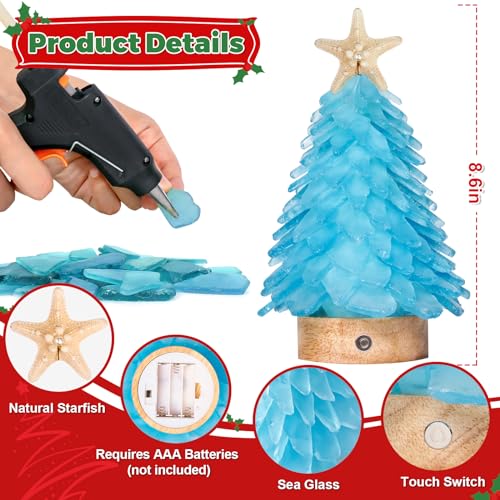 Blue Sea Glass Christmas Tree - Handcrafted Mini Christmas Tree with LED Lights, Table Centerpiece - Ideal for Christmas, New Year, Home Decor, Coastal Holiday Decor and More