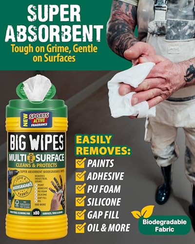 Big Wipes Multi-Surface Cleaning Wipes – Absorbent Surface & Hand Wipes - 4 Power Solvents & 4 Skin Conditioners – Industrial Cleaning Products - Heavy Duty Hand Cleaner – Dispenser Tub x80