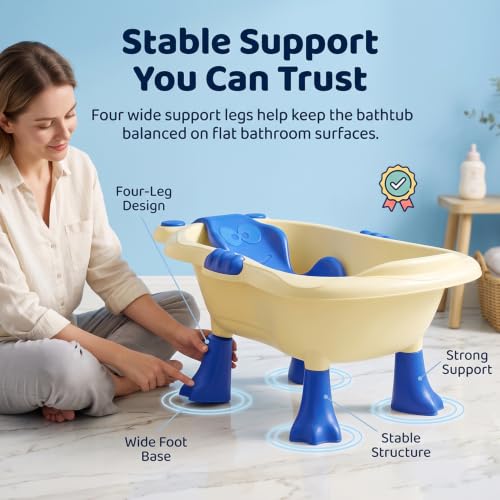 Image of StarAndDaisy Baby Bath Tub for 0 to 5 Years with Bathing Accessories Tray & Mug | Baby Bather for 0 to 2 Years | BPA Free Baby Bath tub for Kids 0-3 Years with 4-Leg Support (Cream-Blue, Bathtub with Legs)