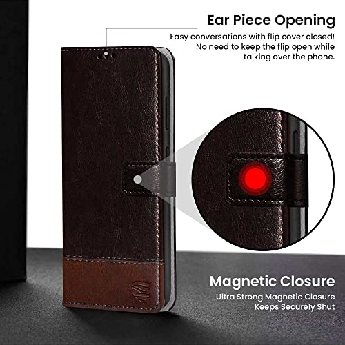 Image of FLIPPED Vegan Leather Flip Case Back Cover for Samsung Galaxy S23 5G (Flexible, Shock Proof | Hand Stitched Leather Finish | Card Pockets Wallet & Stand | Coffee with Brown)