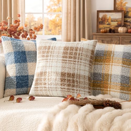 Image of Foindtower Pack of 2 Soft Faux Fur Boucle Throw Decorative Pillow Covers Fuzzy Accent Check Cushion Sherpa Boho Farmhouse Pillowcase for Couch Sofa Bed Living Room Home Decor 20x20 Inch,Khaki Brown