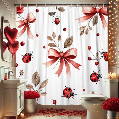 Marienkäfer-Duschvorhang, Aquarell, Rot, Schwarz, Insekten-Badezimmer-Dekor, Frühling, Sommer, festlich, modern, schick, wasserdicht, Stoff-Duschvorhang-Set mit Haken, 183 x 183 cm