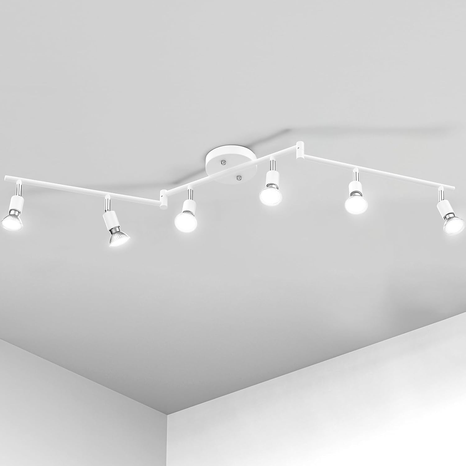 AIBOO Track Lighting Kit, Modern White Ceiling Spot Lighting with Flexibly Rotatable Light Heads, 6 Track Lights for Room/Hallway/Kitchen (GU10 Bulbs Not Included)
