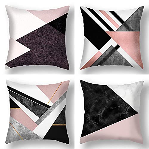 Housses de coussin 35x35cm/14x14in Abstrait géométrique rose Lot de 4 Coton et Lin Décoratif Impression Recto-verso Taie d'oreiller Housse de Coussin Carrées pour Home Canapé Chambre Salon Decor B492