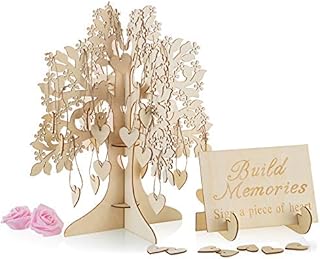 NUPTIO Unique Wedding Guest Book Alternative, Rustic Guest Registry with 50pcs Wooden Hearts, Wood Tree Frame Drop Box Guest Books with Stand