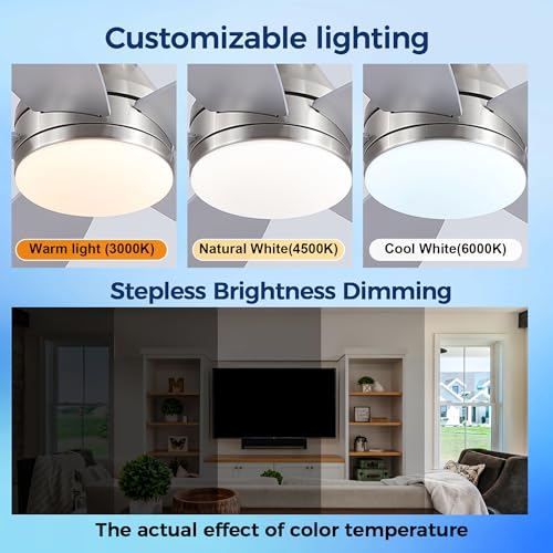 JSAITEE Flush Mount Low Profile Ceiling Fan, 48in Modern Ceiling Fan with Remote, 1/2/4 Timer, 5 Blades Reversible, 3CCT LED Dimming, Indoor Fan for Bedroom, Kitchen - Nickel by JSAITEE - Used condition - Image 2