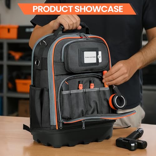 TUFFWORX Werkzeugrucksack, 35 Taschen, 35 x 20 x 47 cm, Schwarz und Orange, Wasserabweisend,Elektriker Rucksack mit verstärktem Boden