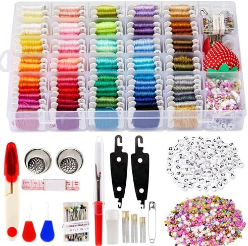 XMZCOLA Embroidery kit for Beginners Adults,1200 Pcs + Friendship Bracelet String Kits with Storage Box,95 Colors Embroidery Thread and 1000 Crafts Beads,Embroidery Floss and Accessories