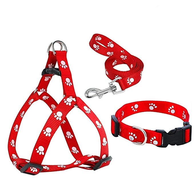 RvPaws Combo of 3 Dog Paw Print Adjustable Harness Leash and Collar Set for Small Dogs and Puppies (RED) (B0BVJ2BL8P) Amazon Price History, Amazon Price Tracker