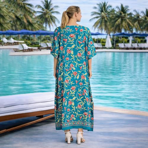 Image of Miss Lavish London Kaftan Dresses for Women Plus Size Long Batwing Sleeve Caftans, V Neck Moo Moo Printed Beach Cover Up Maxi Beach Dress, Bathing Suit Cover-Up Loungewear